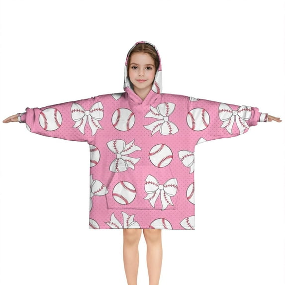 Pink Bows and Baseballs Pattern Blanket Hoodies for Kids 6-13YR Oversize Wearable Blanket Hoodies for Boys Girls Teens