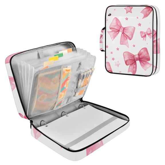 Pink Bows and Stars Accordion File Organizer Expanding File Folder 3-Ring Binder Bag 500 Sheets A4 Size