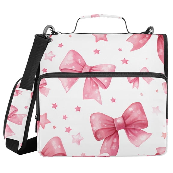 Pink Bows and Stars Binder Bag with Shoulder Strap 3 Ring Zipper Binder File Folder Document Storage