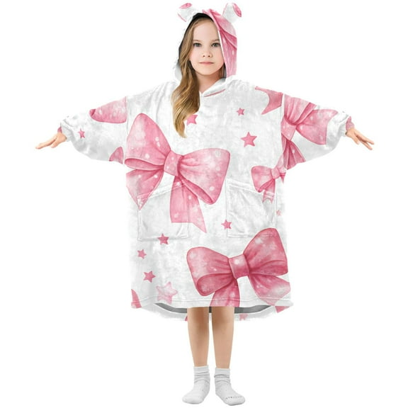 Pink Bows and Stars Flannel Wearable Blankets Hooded Design Long Sleeves Wrap Unisex for 3T-14Y S