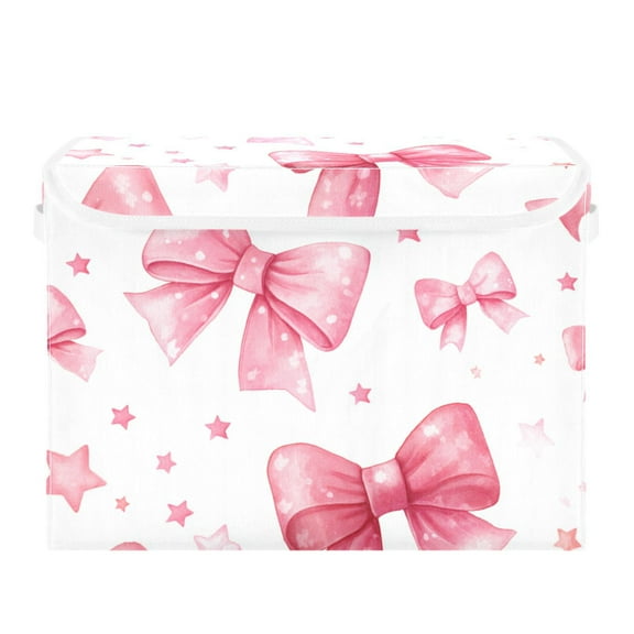 Pink Bows and Stars Foldable Storage Bin with Lid and Handle Collapsible Storage Box 16.5 x 12.6 x 11.8 inches