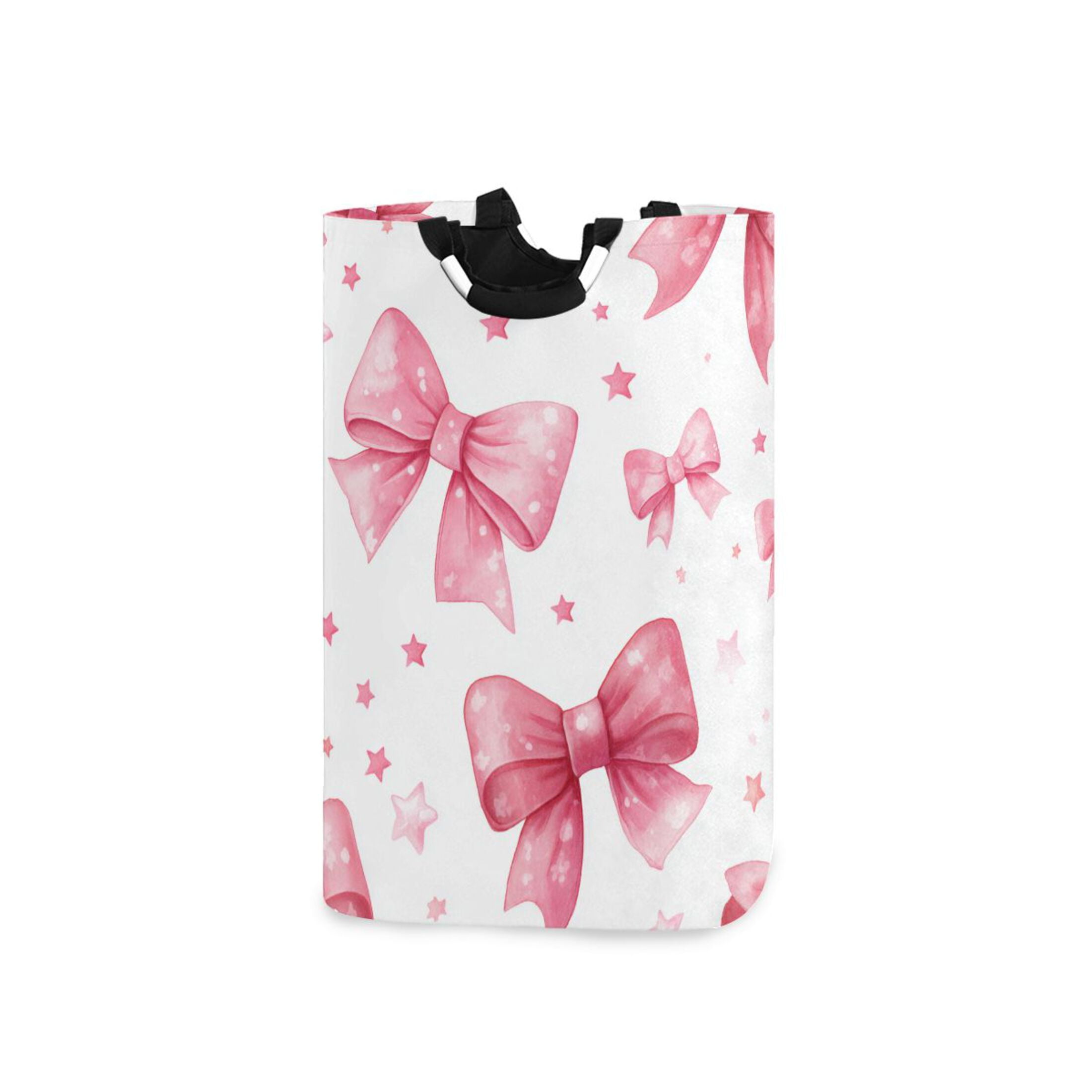 Pink Bows and Stars Laundry Basket with Handles Foldable Laundry Hamper Freestanding Washing Bin 50L