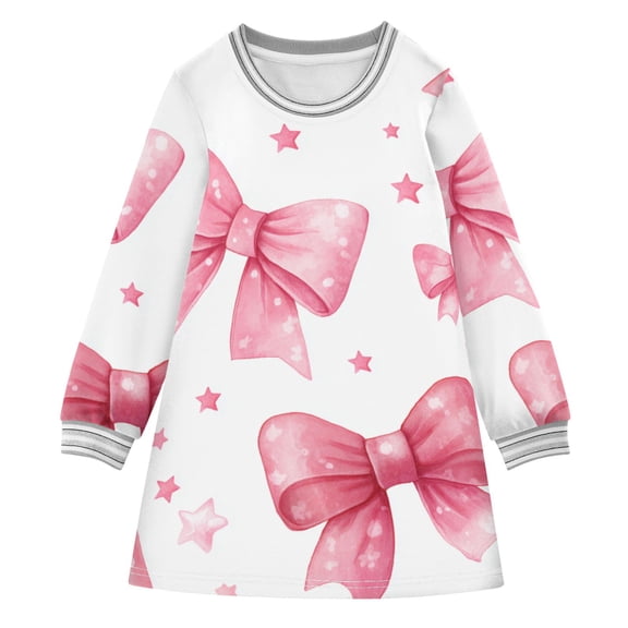 Pink Bows and Stars Long-sleeved Dress A-line One-Piece Dress for 2-8 Years Casual Party 4T