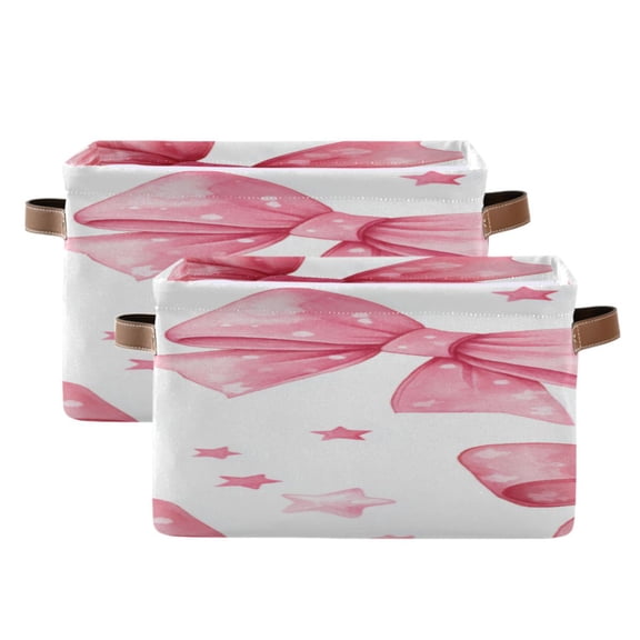 Pink Bows and Stars Square Storage Bins with Handles Collapsible Containing Box 2 Packs