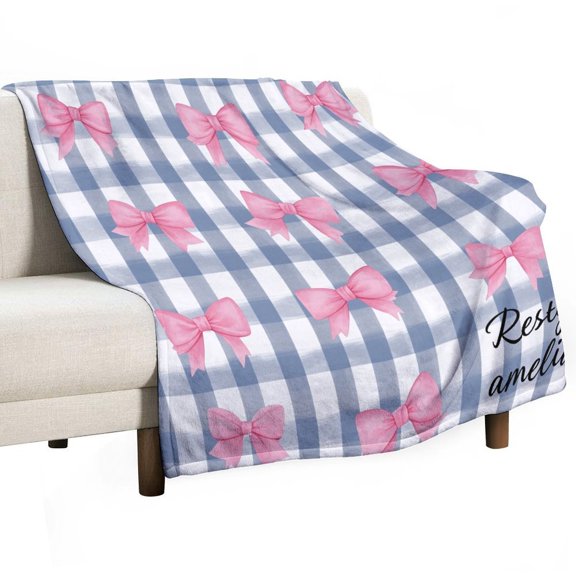 Pink Bows on Blue Checkered Background Resty Amelia Flannel Blanket Blanket for Couch Sofa Lightweight Bed, Super Soft Cozy Print Warm Blanket