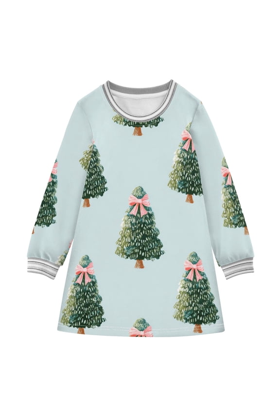 Pink Bows on Christmas Tree Long-sleeved Dress A-line One-Piece Dress for 2-8 Years Casual Party 3T