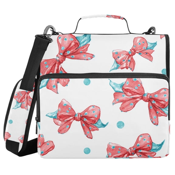 Pink Bows with Blue Dots Cute Binder Bag with Shoulder Strap 3 Ring Zipper Binder File Folder Document Storage