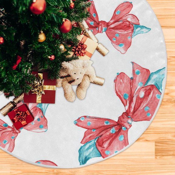Pink Bows with Blue Dots Cute Christmas Tree Skirt Opening Design Floor Mat Holiday Decor 35 inch