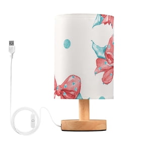 Pink Bows with Blue Dots Cute Table Lamp with USB Port LED Warm Light Lamp Night Light Home Decor