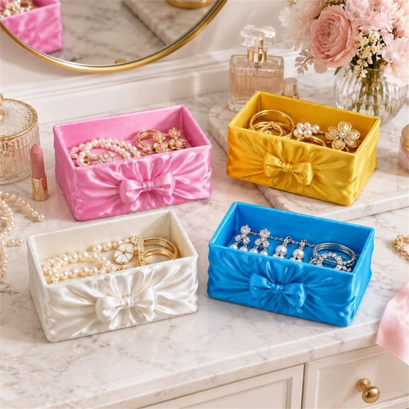 Pink Box Organizer, Plastic Organizer Box, Decorative Storage, Storage Box, Plastic Organizer, 6X3.5X2.25 Inch Satin Ruched Bow Accented Open Storage Container for Accessories,