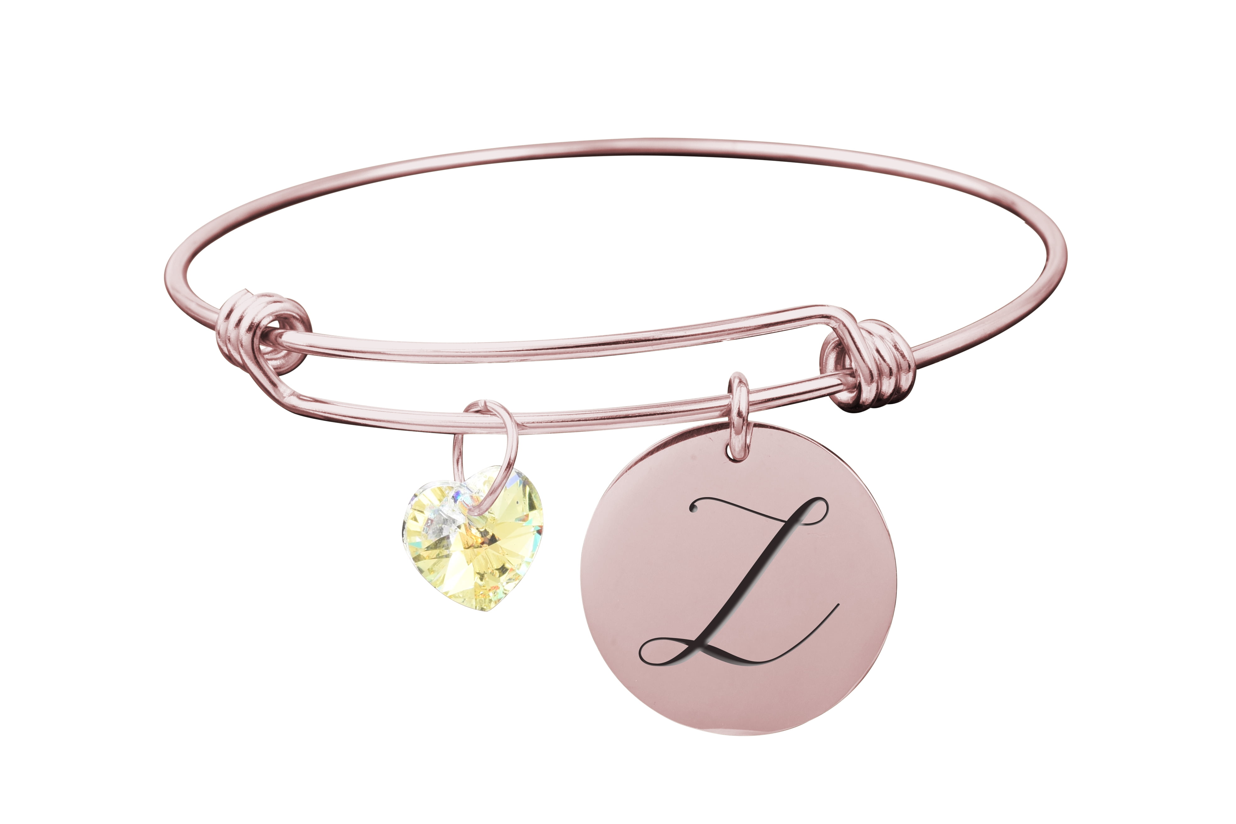 Pink Box Solid Stainless Steel Adjustable Initial Bangle with Genuine Swarovski Crystal