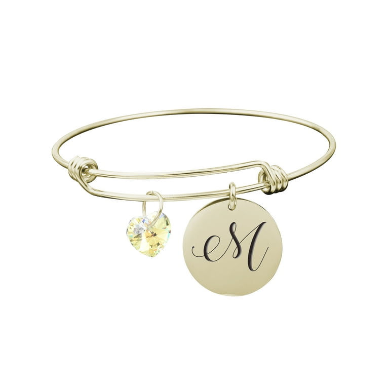 Pink Box Solid Stainless Steel Adjustable Initial Bangle with Genuine Swarovski Crystal