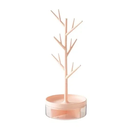 Pink Branch Jewelry Rack with Rotatable Base and Storage Box Tree Tower Hanging Organizer for Ring Earrings Necklace Bracelet for Living Room Bathroom