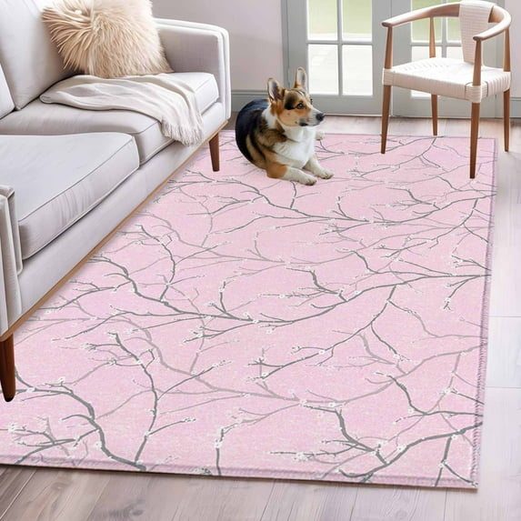 Pink Branches Area Rug 3x5 Washable Rug Non Slip Vintage Art Farmhouse Large Area Rug Indoor Floor Carpet for Entryway Bedroom Kitchen Living Room Home Office Dining Room Nursery