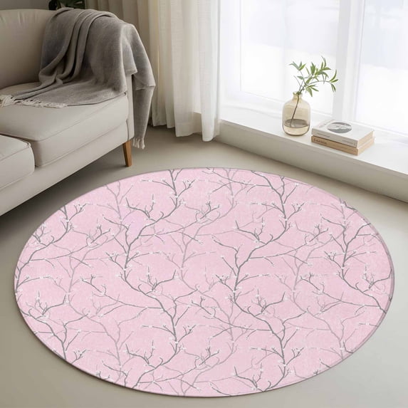 Pink Branches Round Rug 4ft Washable Circle Entryway Rugs Non Slip Vintage Art Farmhouse Area Rug Indoor Floor Carpet for Bedroom Kitchen Living Room Home Office Dining Room Nursery