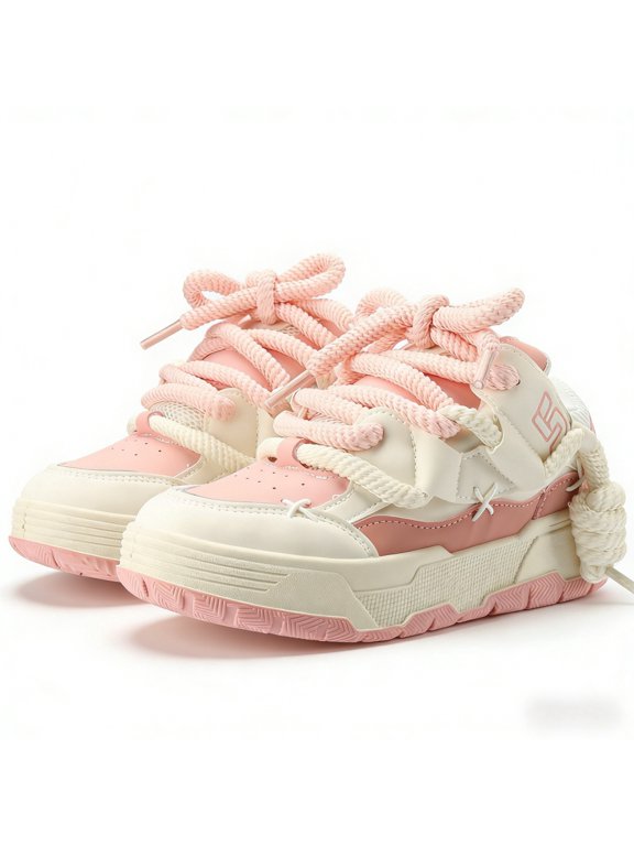 Pink Bread Sneakers Round Toe Chunky Platform Lace Up Casual Street Style Fashion Unisex Board Shoes