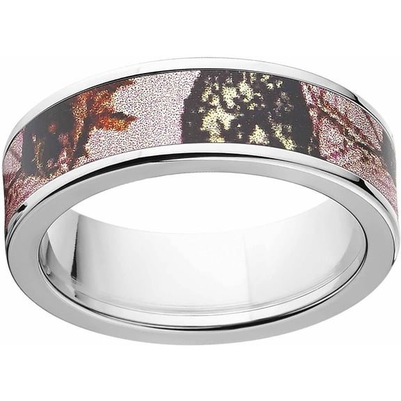 Pink Break Up Women's Camo 7mm Stainless Steel Wedding Band with Polished Edges and Deluxe Comfort Fit