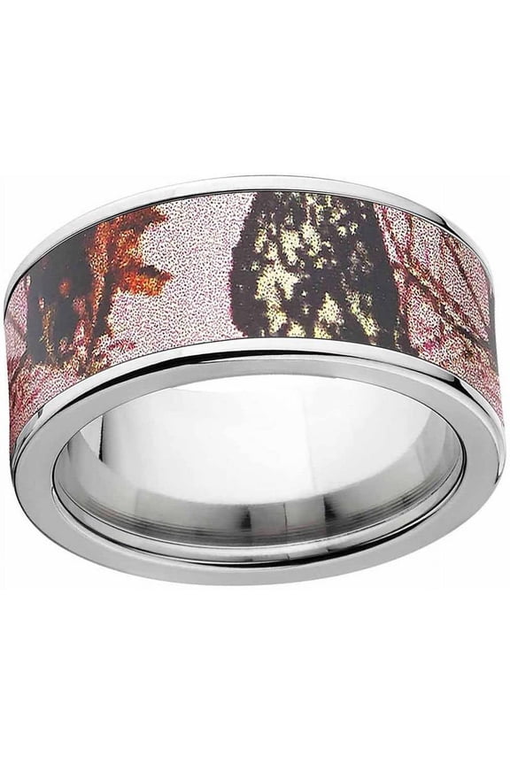 Pink Break Up Women's Camo Stainless Steel Ring with Polished Edges and Deluxe Comfort Fit