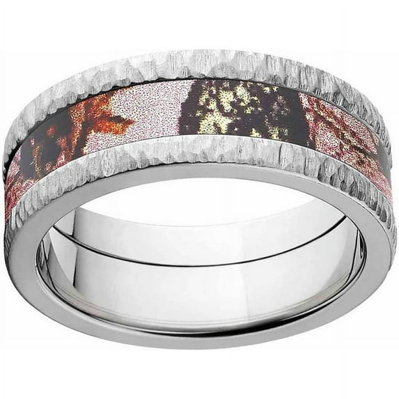 Pink Break Up Women's Camo Stainless Steel Ring with Tree Barked Edges and Deluxe Comfort Fit