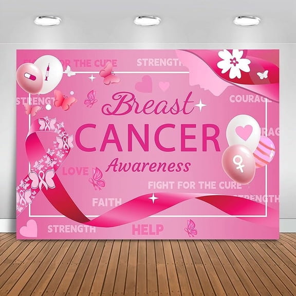 Pink Breast Cancer Awareness Beautiful Backdrop Banner Pink Ribbon Breast Cancer Decorations Hope Faith Strength Courage Background for Photography Walk Charity Party Supplies