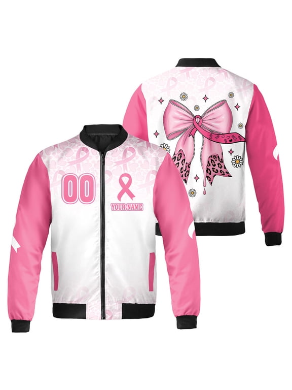 Pink Breast Cancer Awareness Bomber Jacket - Custom Name & Number - Support Ribbon & Bow Design - Unisex Outerwear