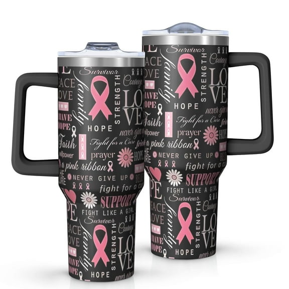 Pink Breast Cancer Awareness Pattern Tumbler with Handle and Lid,40oz Double Wall Vacuum Insulated Tumbler,Cups Gift for Women and Men