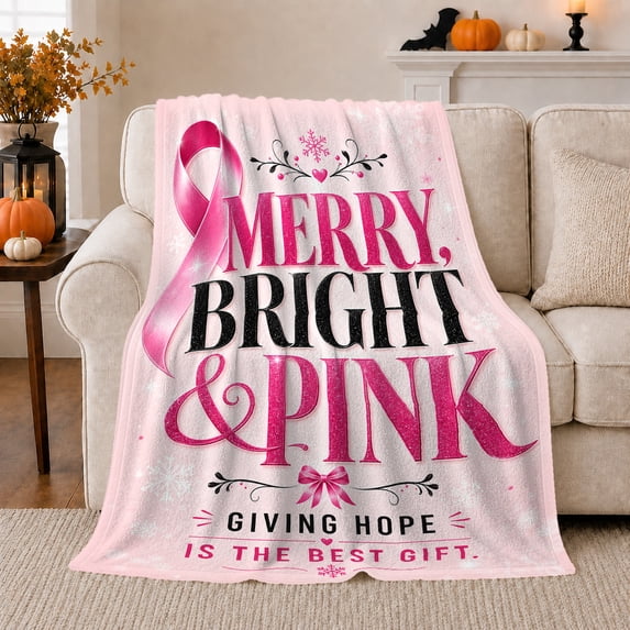 Pink Breast Cancer Awareness Ribbon Holiday, Festive Holiday Scene, Warm Flannel Blanket for Living Room and Reading Nook, Art Lovers Housewarming Gift, Festive Home Decor