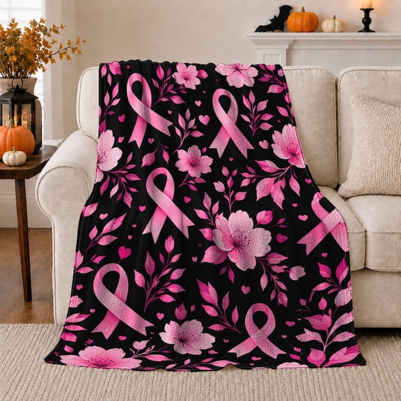 Pink Breast Cancer Awareness Ribbons Cherry Blossoms Black, Cozy Friendship Quote Scene, Warm Flannel Blanket for Living Room and Reading Nook, Art Lovers Friendship Gift, Artistic Home Decor