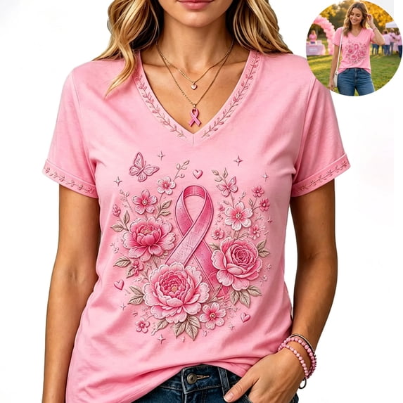 Pink Breast Cancer Awareness Shirts Women October Inspirational Pink T-Shirts Short Sleeve V-Neck Casual Tee Tops