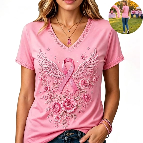 Pink Breast Cancer Awareness Shirts Women October Inspirational Pink T-Shirts Short Sleeve V-Neck Casual Tee Tops