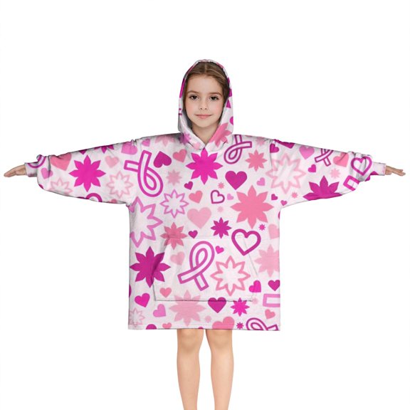 Pink Breast Cancer Blanket Hoodies for Kids 6-13YR Oversize Wearable Blanket Hoodies for Boys Girls Teens