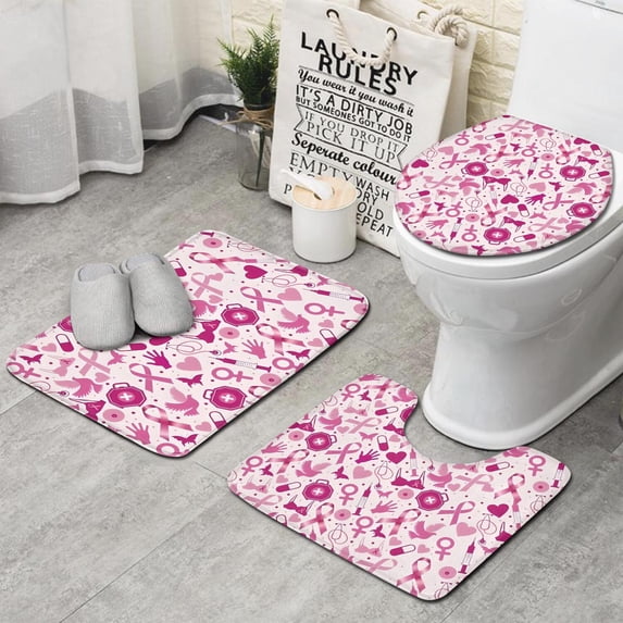 Pink Breast Cancer and Love Bathroom Rugs Sets 3 Piece,Toilet Cover Set,Absorbent Non Slip Bathroom Mats Sets with U-Shaped Contour Rug Toilet Rug Set