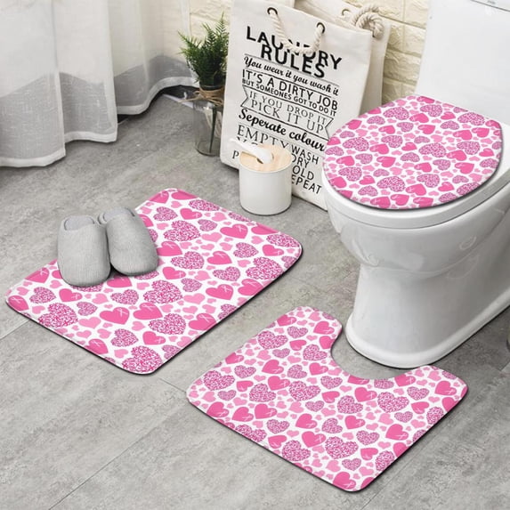 Pink Breast Cancer and Love Bathroom Rugs Sets 3 Piece,Toilet Cover Set,Absorbent Non Slip Bathroom Mats Sets with U-Shaped Contour Rug Toilet Rug Set