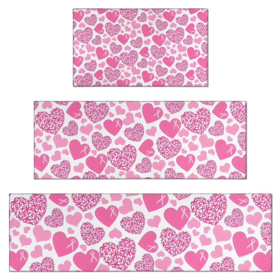 Pink Breast Cancer and Love Kitchen Rugs Sets Of 3,Kitchen Runner Rugs Non Skid Washable,Decorative Kitchen Floor Mats for Kitchen,Sink,Laundry,17"x30"+ 17"x47" + 17"x59"