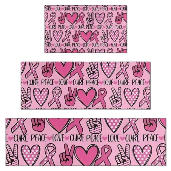 Pink Breast Cancer and Love Kitchen Rugs Sets Of 3,Kitchen Runner Rugs Non Skid Washable,Decorative Kitchen Floor Mats for Kitchen,Sink,Laundry,17"x30"+ 17"x47" + 17"x59"