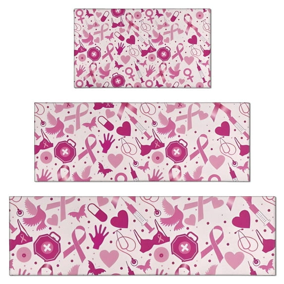 Pink Breast Cancer and Love Kitchen Rugs Sets Of 3,Kitchen Runner Rugs Non Skid Washable,Decorative Kitchen Floor Mats for Kitchen,Sink,Laundry,17"x30"+ 17"x47" + 17"x59"