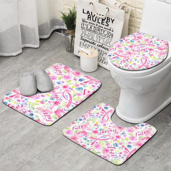 Pink Breast Cancer and Pioneer Flower Bathroom Rugs Sets 3 Piece,Toilet Cover Set,Absorbent Non Slip Bathroom Mats Sets with U-Shaped Contour Rug Toilet Rug Set