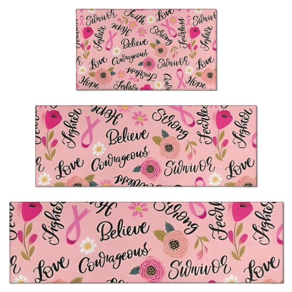 Pink Breast Cancer and Pioneer Flower Kitchen Rugs Sets Of 3,Kitchen Runner Rugs Non Skid Washable,Decorative Kitchen Floor Mats for Kitchen,Sink,Laundry,17"x30"+ 17"x47" + 17"x59"