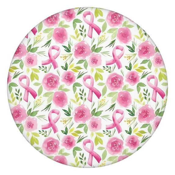 Pink Breast Cancer and Pioneer Flower Round Fitted Tablecloth with Elastic Edge,Dining Table Cover Waterproof,Outdoor Round Tablecloth for Camping,Dining,Indoor and Outdoor