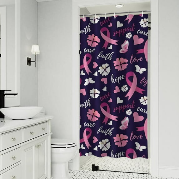 Pink Breast Cancer and Pioneer Flower Shower Curtain 36"x72" ,Bathroom Decorative Shower Curtains Set with 12 Hooks,Modern Waterproof Washable Shower Curtain