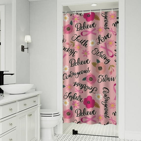 Pink Breast Cancer and Pioneer Flower Shower Curtain 36"x72" ,Bathroom Decorative Shower Curtains Set with 12 Hooks,Modern Waterproof Washable Shower Curtain