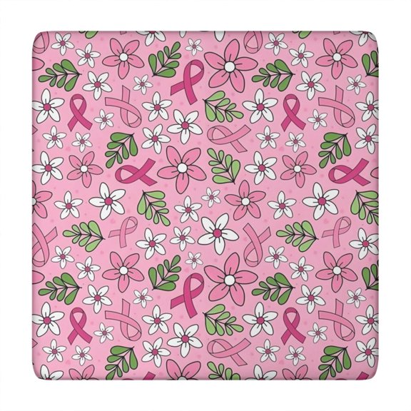 Pink Breast Cancer and Pioneer Flower Square Fitted Tablecloth with Elastic Edge,Square Table Cover,Washable Elastic Table Cover for Home Kitchen Party Decor 34"x34"