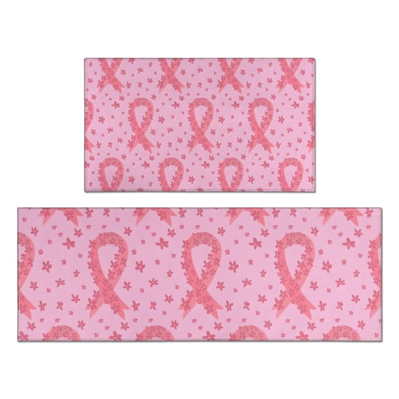Pink Breast Cancer Ribbon Floral Pattern Kitchen Rugs Sets Of 2,Anti Fatigue Kitchen Mat Rugs Non Slip Washable,Decorative Kitchen Floor Mats for Kitchen,Sink,Laundry,17"x30"+17"x47"