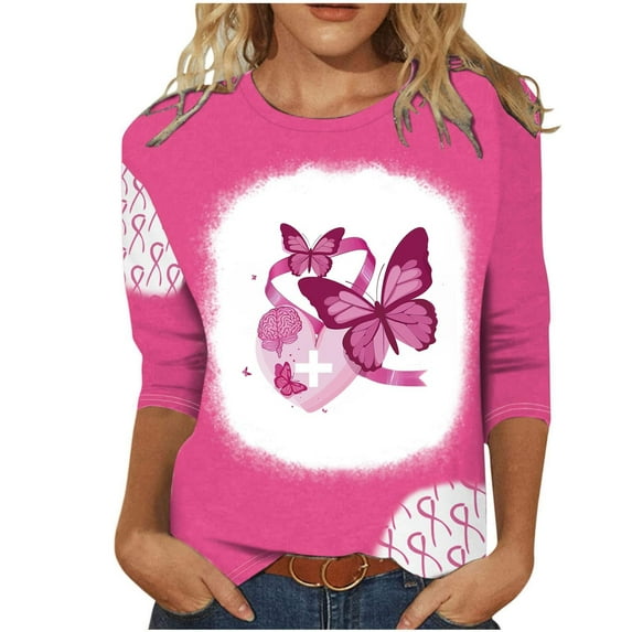 Pink Breast Cancer T Shirts for Women Fashion Printed Cancer Fight Tee Tops 3/4 Sleeves Blouse Round Neck Casual Tops