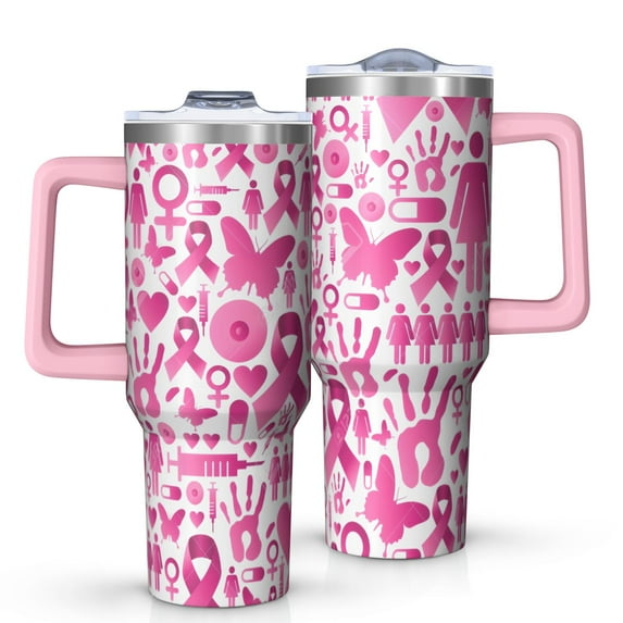 Pink Breast Cancer Tumbler with Handle and Lid,40oz Double Wall Vacuum Insulated Tumbler,Cups Gift for Women and Men
