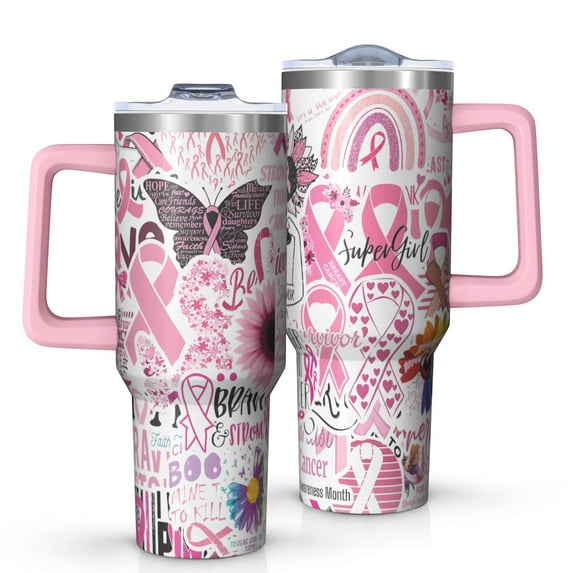 Pink Breast Cancer Tumbler with Handle and Lid,40oz Double Wall Vacuum Insulated Tumbler,Cups Gift for Women and Men