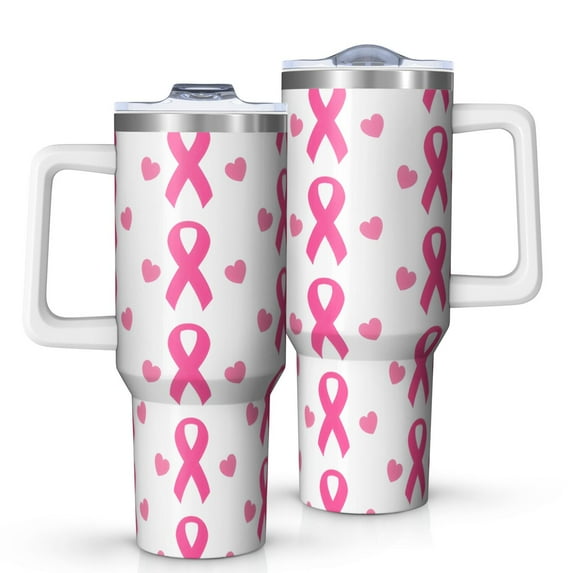 Pink Breast Cancer Tumbler with Handle and Lid,40oz Double Wall Vacuum Insulated Tumbler,Cups Gift for Women and Men