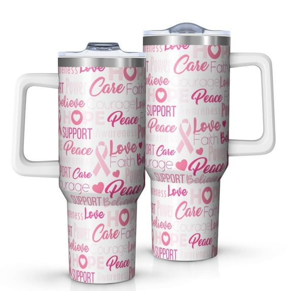 Pink Breast Cancer and Love Tumbler with Handle and Lid,40oz Double Wall Vacuum Insulated Tumbler,Cups Gift for Women and Men
