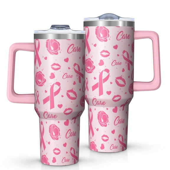 Pink Breast Cancer and Pioneer Flower Love Tumbler with Handle and Lid,40oz Double Wall Vacuum Insulated Tumbler,Cups Gift for Women and Men