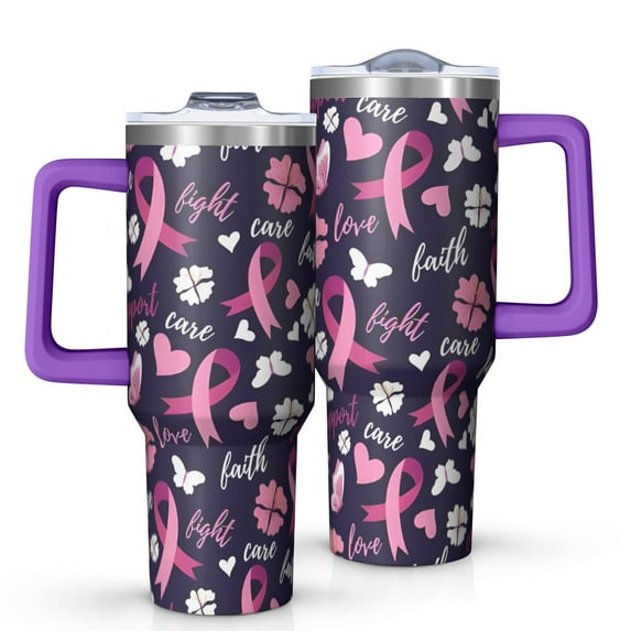 Pink Breast Cancer and Pioneer Flower Tumbler with Handle and Lid,40oz Double Wall Vacuum Insulated Tumbler,Cups Gift for Women and Men